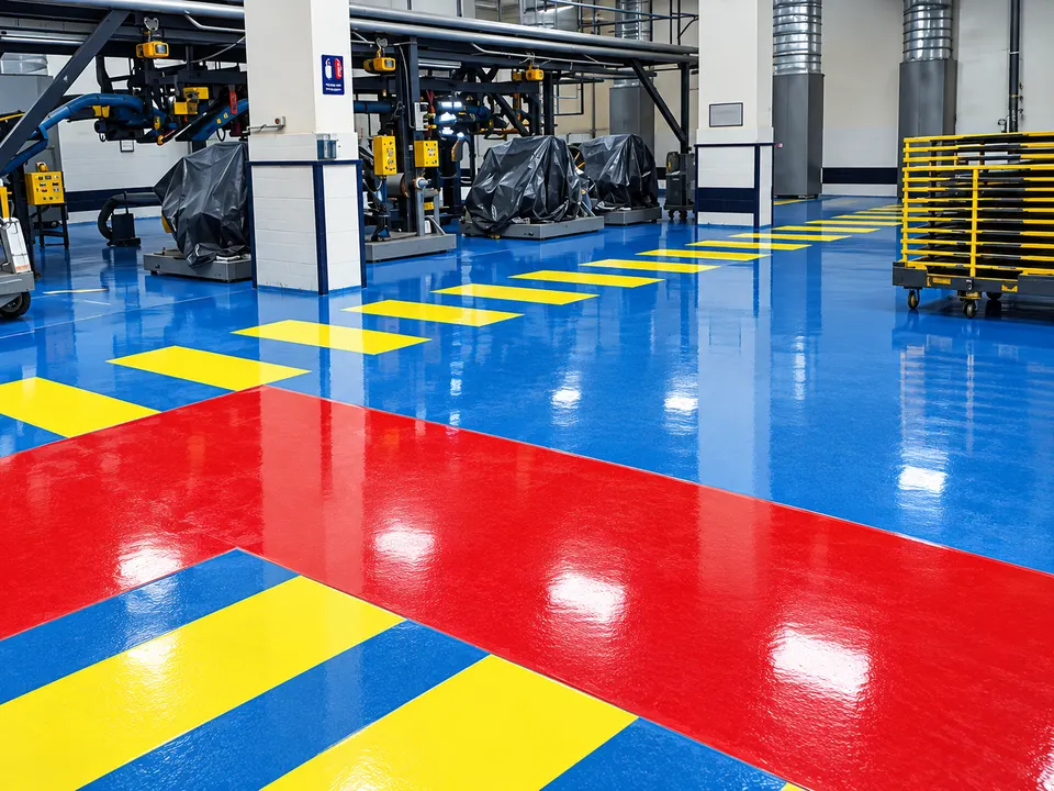 Color-coded industrial resin floor with machinery