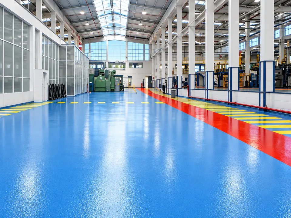 Large production hall with blue/red/yellow floor zoning
