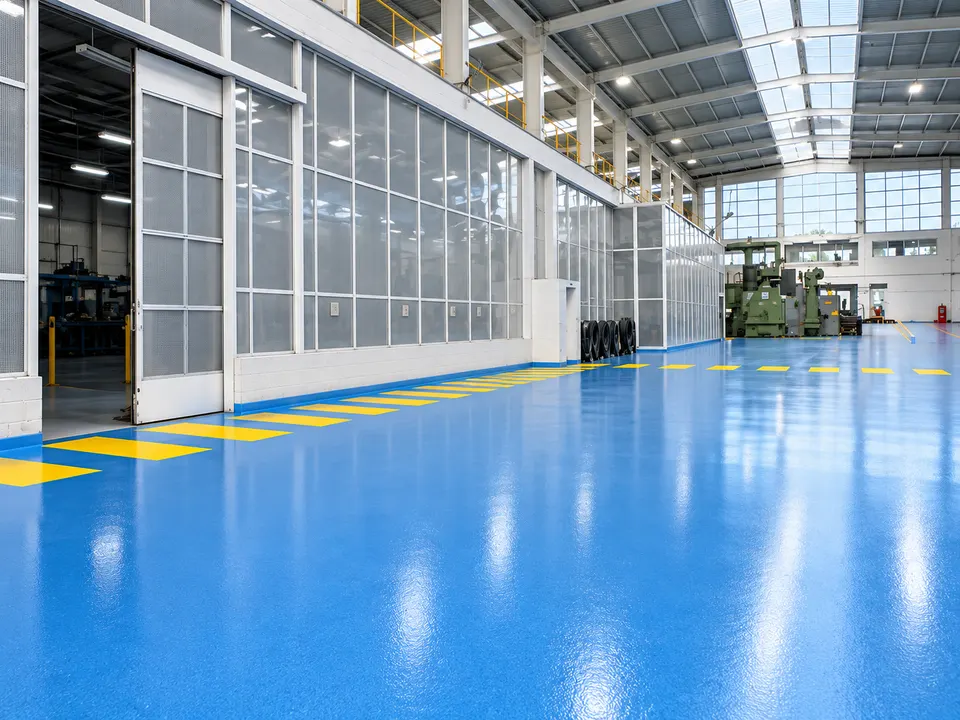 Wide industrial hall with blue floor and yellow/red safety zoning