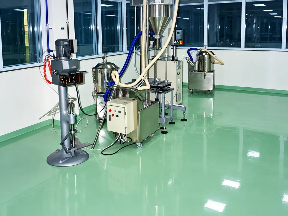 Green seamless industrial floor with equipment